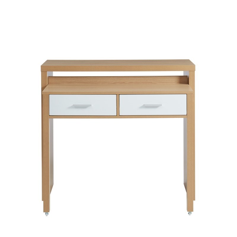 Bureau console avec rangements 2 tiroirs bois chêne clair et métal