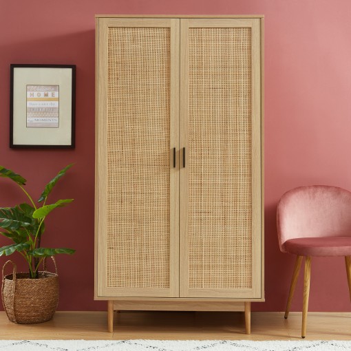 Anmytek H0030 Armoire de rangement en rotin avec façade en rotin artisanal,  armoire d'appoint en bois de chêne rustique à 2 portes avec étagères  réglables, 111,8 cm de haut, chêne rustique 