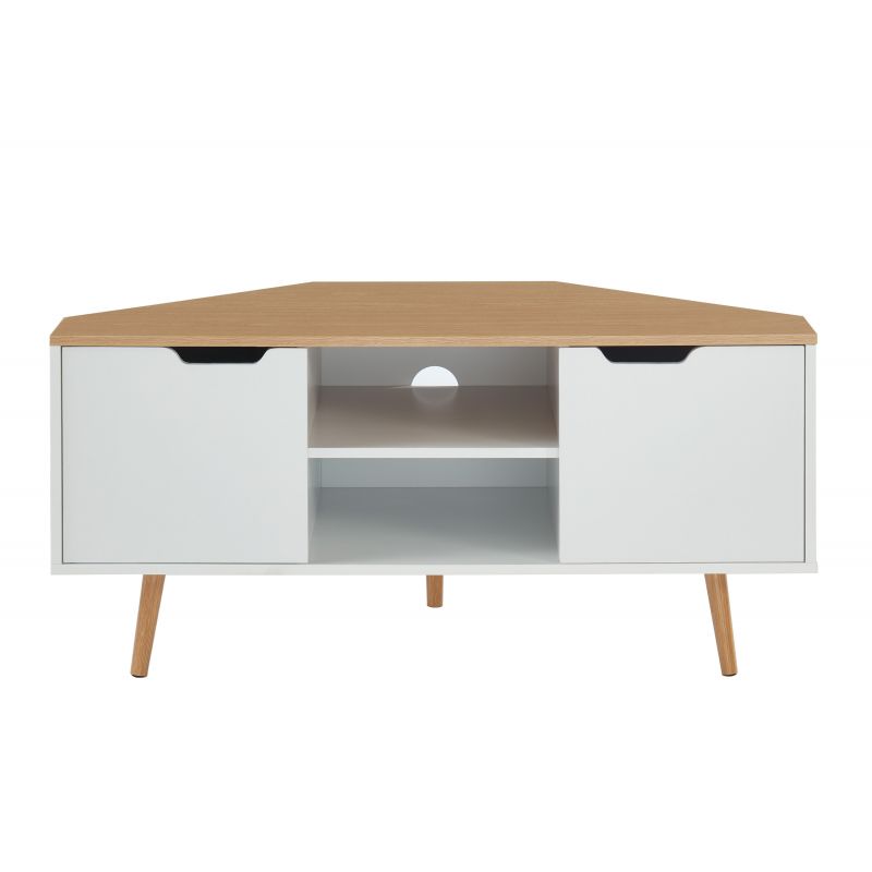 Meuble TV d'Angle LYNA Blanc et Décor Chêne 2 Portes - L115cm