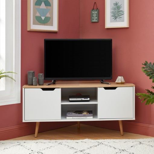 Meuble TV d'Angle LYNA Blanc et Décor Chêne 2 Portes - L115cm