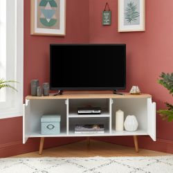 Meuble TV d'Angle LYNA Blanc et Décor Chêne 2 Portes - L115cm