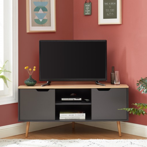 Meuble TV d'Angle LYNA Gris Anthracite et Décor Chêne 2 Portes - L115cm