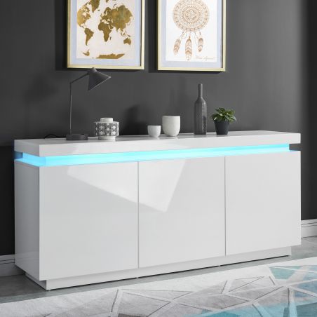 Buffet à LED ODYSSEE Laqué Blanc Brillant 3 Portes - L170cm