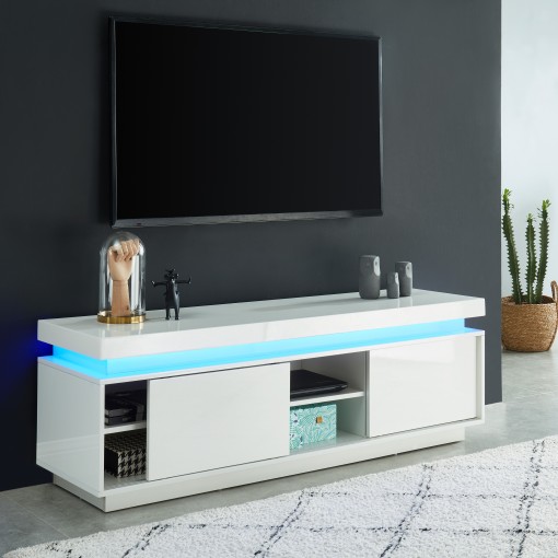 Meuble TV à LED ULYSSE Laqué Blanc Brillant 2 Portes Coulissantes - L150cm