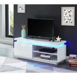 Meuble TV à LED COSMOS Laqué Blanc Brillant 1 Porte et 1 Etagère - L120cm