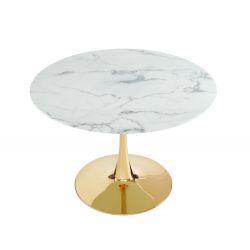 Table séjour MONIKA or 110cm verre trempé effet marbre pied en métal doré