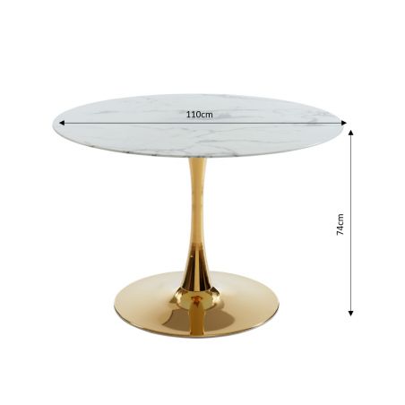 Table séjour MONIKA or 110cm verre trempé effet marbre pied en métal doré