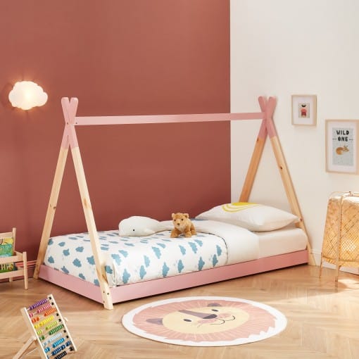 Lit enfant tipi TINY 90x190 bois massif de pin rose sommier à lattes inclus 