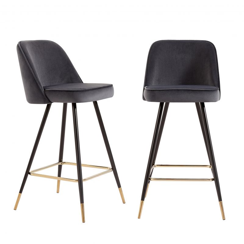 Lot de 2 Tabourets EUGENE Velours gris pieds noir/doré Hauteur d'assise 72 cm