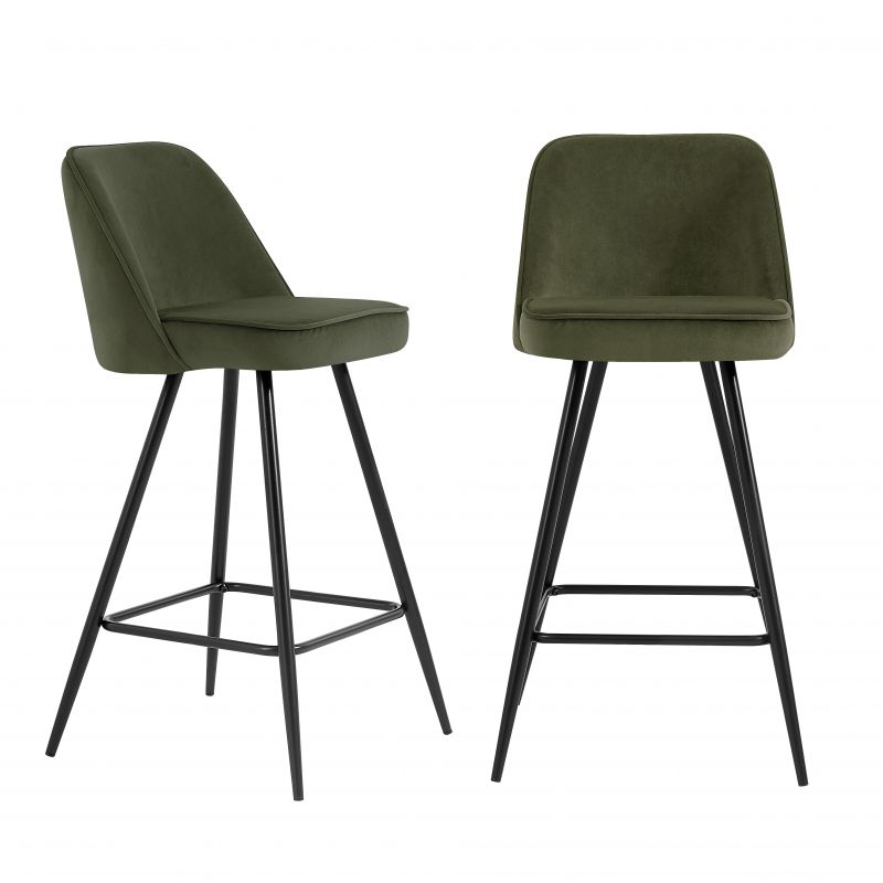 Lot de 2 Tabourets EUGENE Velours kaki pieds noir Hauteur d'assise 72 cm Lot de 2 Tabourets EUGENE Velours kaki pieds noir Hauteur d'assise 72 cm