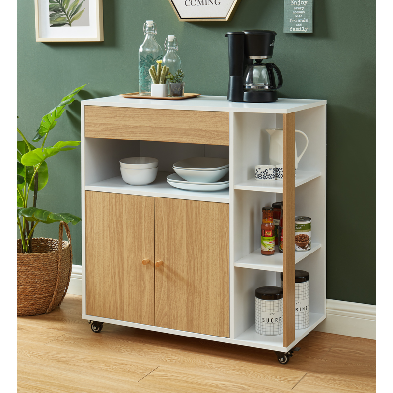 Desserte de cuisine MAX blanc et effet chêne 80cm à roulettes