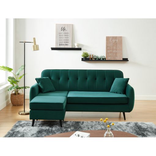 Canapé d'angle SWEETY velours vert Pieds métal Noir + 2 coussins