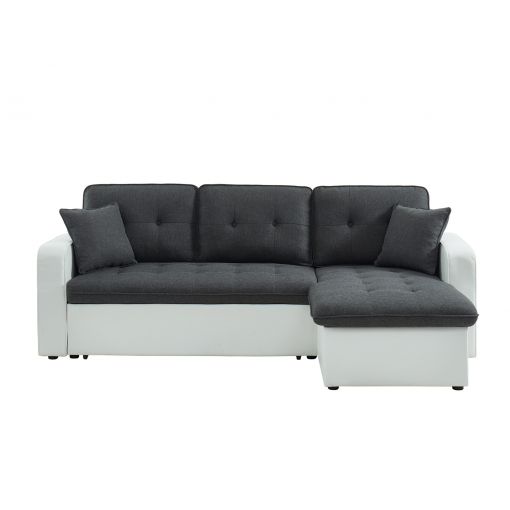 Canapé d'angle CANVAS tissu gris PU blanc et coffre convertible 4 places