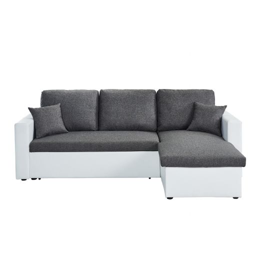 Canapé d'angle ASPEN 3 places en tissu gris et PU blanc convertible reversible coffre