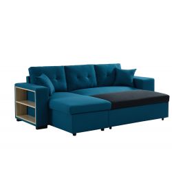 Canapé d'angle ALPAGO tissu lin bleu convertible 4 places2 poufs et étagères