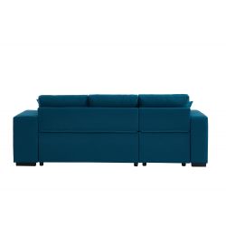 Canapé d'angle ALPAGO tissu lin bleu convertible 4 places2 poufs et étagères
