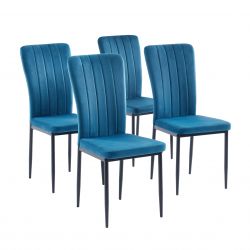 Lot de 4 chaises POPPYvelours bleu pieds en métal noir