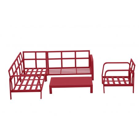 Salon de jardin SALVADORRG 6 places en aluminium rouge coussins gris clair