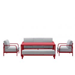Salon de jardin CALIRG 7 places en aluminium rouge coussins gris clair