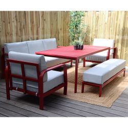 Salon de jardin CALIRG 7 places en aluminium rouge coussins gris clair