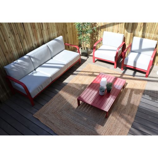 Salon de jardin MEDELLINRG 5 places en aluminium rouge coussins gris clair