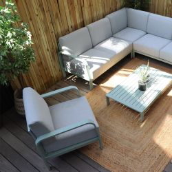Salon de jardin SALVADORVERT 6 places en aluminium vert coussins gris clair