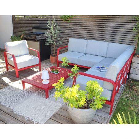 Salon de jardin SALVADORRG 6 places en aluminium rouge coussins gris clair