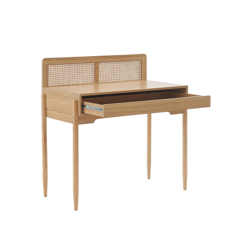 Bureau Enfant Pablo - Effet Chêne Et Cannage Rotin - 90x50x95cm