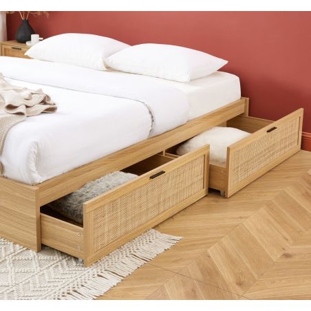 Cadre de lit à tiroirs AMANA cannage rotin 160x200 sommier inclus