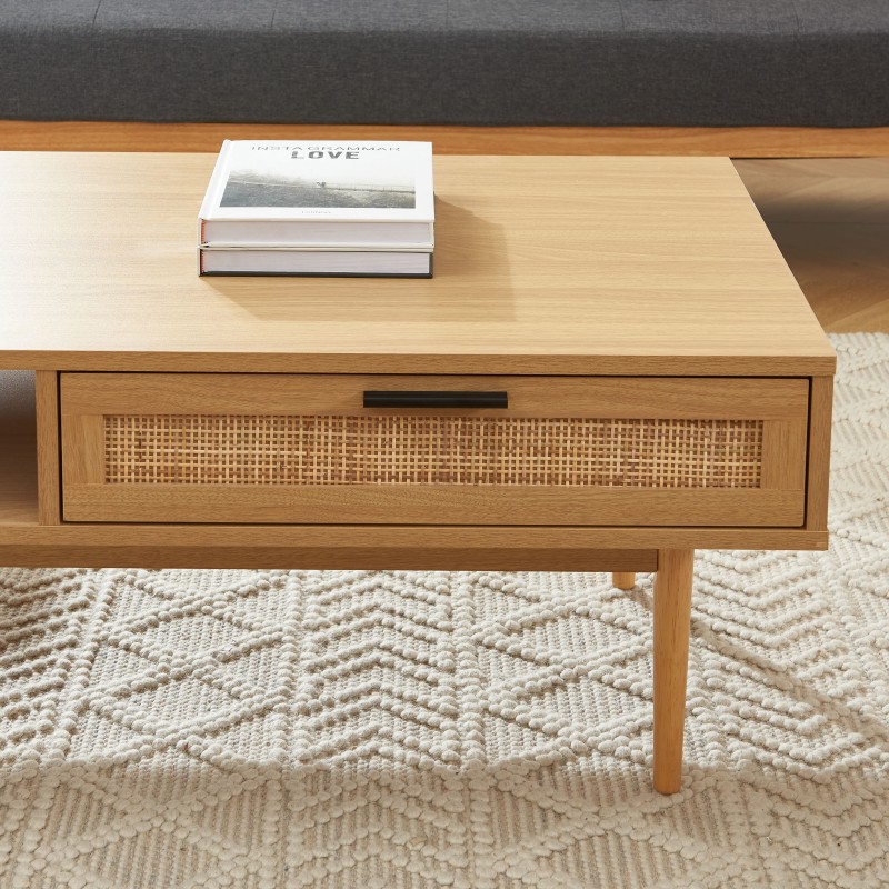 Table basse AMANA effet chêne et cannage rotin 115cm