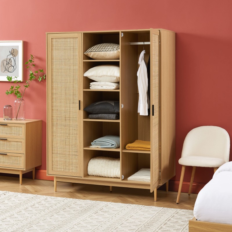 Armoire AMANA effet chêne et cannage rotin 2 portes h180 cm