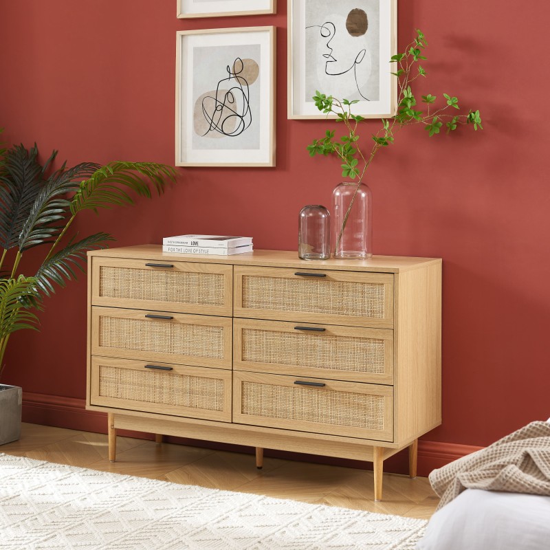 Commode AMANA effet chêne et cannage rotin 6 tiroirs