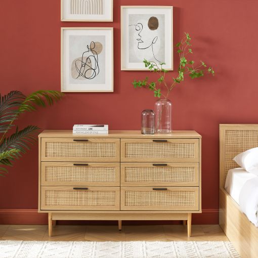 Commode AMANA effet chêne et cannage rotin 6 tiroirs