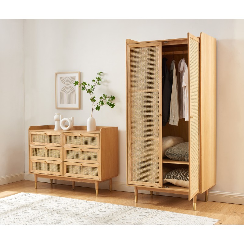 Armoire LEON placage chêne et cannage rotin h190cm