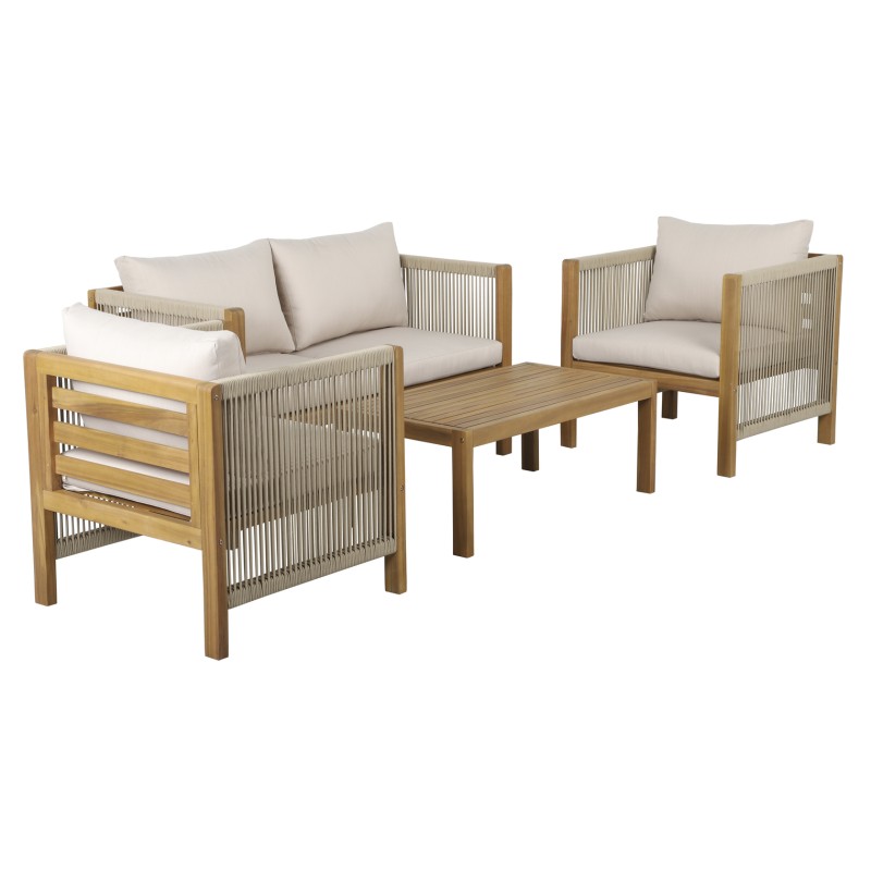 Salon de jardin LAFITENIA en bois d’acacia FSC et corde 4 places coussins beige