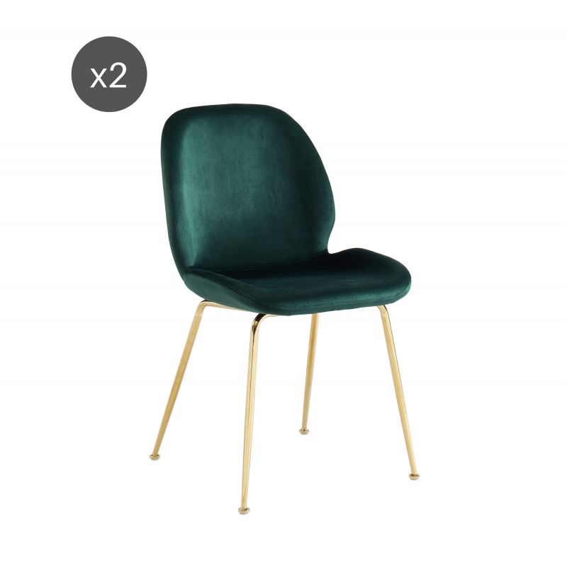 Lot de 2 chaises GISELvelours vert foncépieds en métal doré