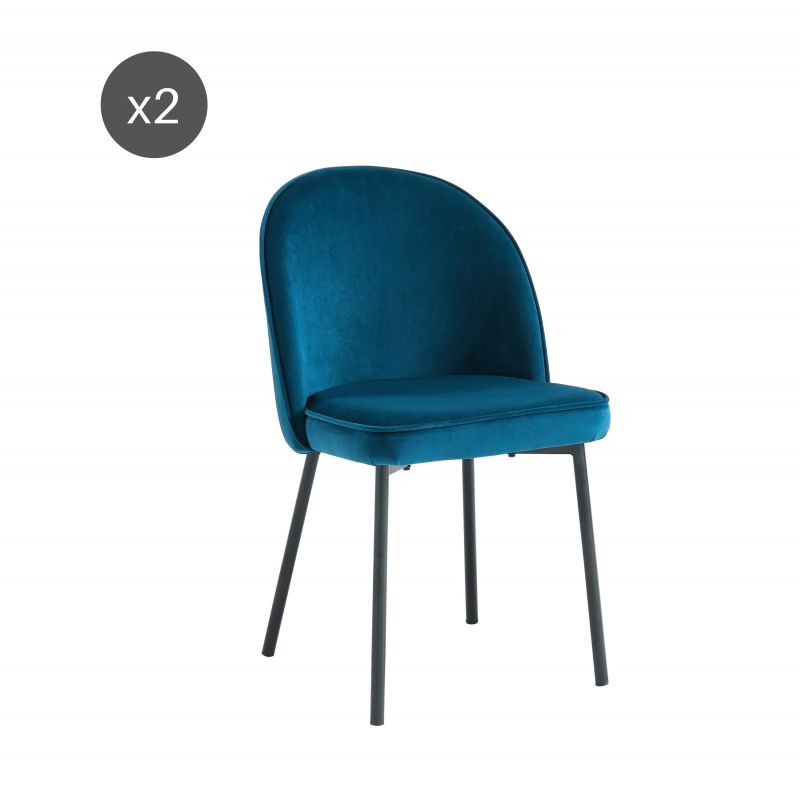 Lot de 2 chaises IRISvelours bleu paonpieds en métal noir