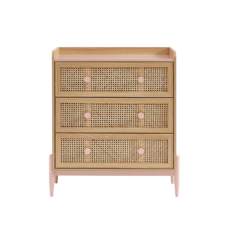 Commode PABLO rose et cannage rotin 3 tiroirs