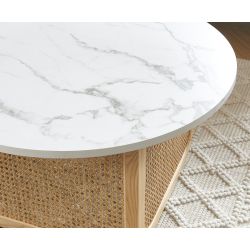 Table basse LEON effet marbre et cannage rotin 80cm