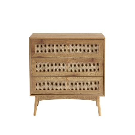 Commode INES effet chêne et cannage rotin 3 tiroirs