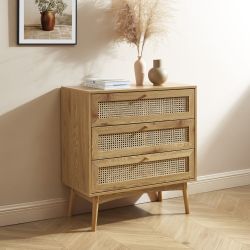 Commode INES effet chêne et cannage rotin 3 tiroirs
