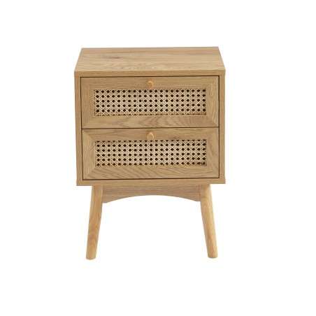 Table de chevet INES effet chêne et cannage rotin 2 tiroirs