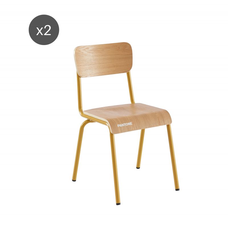 Lot de 2 chaises PANTONE jaune moutarde et placage frên