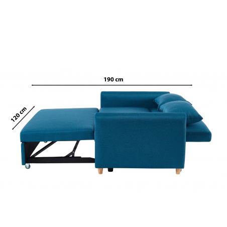 Canapé droit LAURA en tissu bleu convertible 2 places