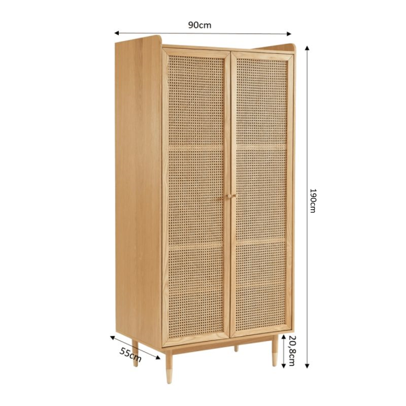 Armoire LEON placage chêne et cannage rotin h190cm