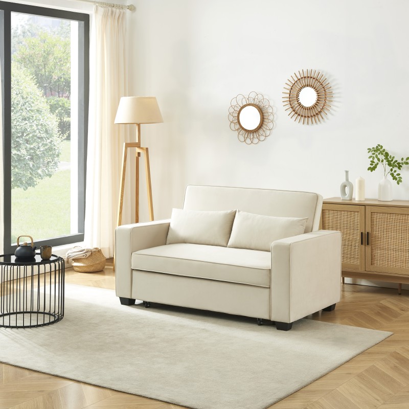 Canapé Droit Convertible 3 Places Alma - Tissu Beige, Couchage 150x190 Cm, Avec Rangement, Design épuré