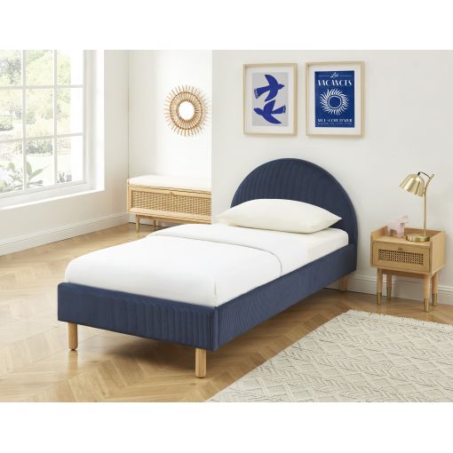 Lit enfant MAGNUS velours côtelé bleu nuit 90x190 sommier inclus