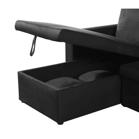 Canapé d'angle ASPEN convertible, réversible et coffre en tissu noir