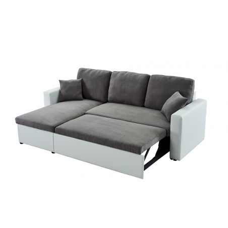 Canapé d'angle ASPEN convertible, réversible et coffre en tissu gris et PU blanc