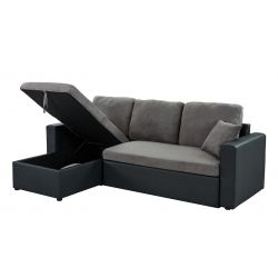 Canapé d'angle ASPEN convertible, réversible et coffre en tissu gris et PU noir